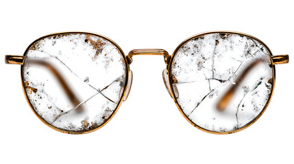 Close up shot of vintage round eyeglasses with cracked and damaged lenses