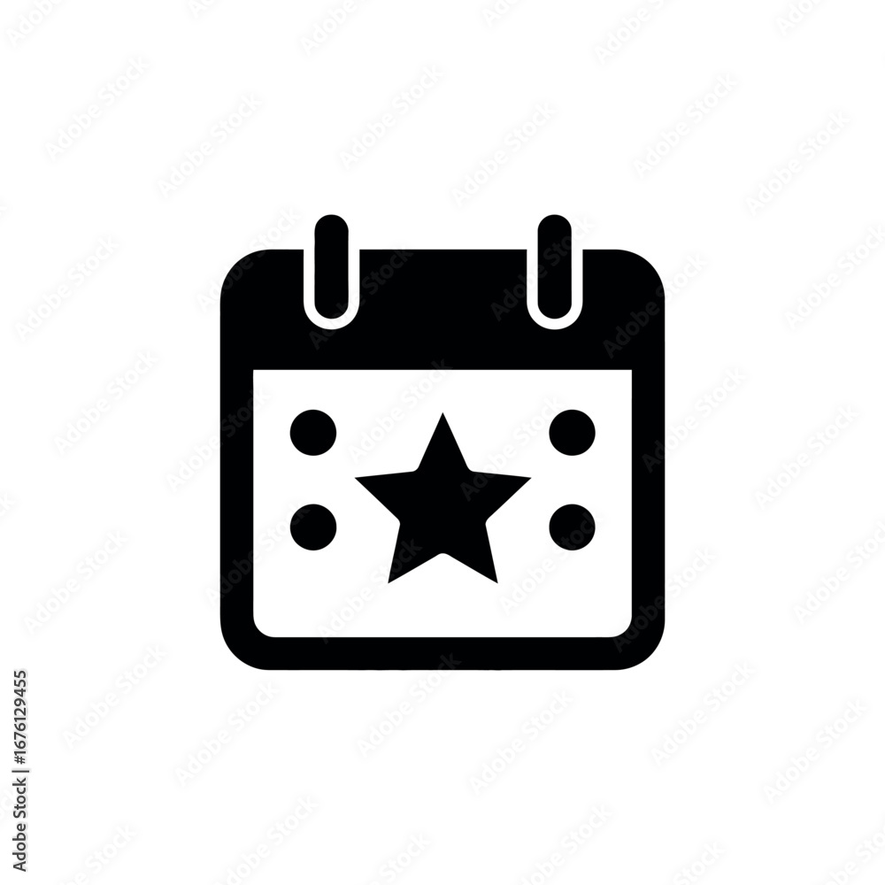 Poster black and white calendar icon with a star in the center and four circles around it in a simple desig