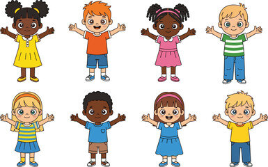 Happy diverse children with different hairstyles and outfits, smiling and raising hands, cheerful cartoon kids posing together.