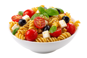 Fresh pasta salad with cherry tomatoes olives mozzarella and basil served in a white bowl overhead view