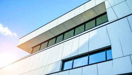 Fototapeta premium Dynamic low-angle view of a sleek, contemporary building facade featuring reflective glass and clean lines against a bright, vibrant blue sky