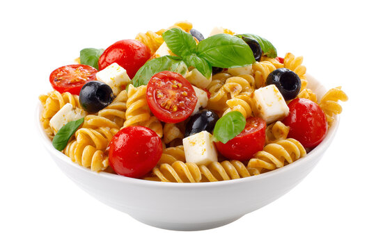 Fresh pasta salad with cherry tomatoes olives mozzarella and basil served in a white bowl overhead view