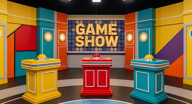Bright colorful game show television stage with podiums and buttons under lights in a playful environment