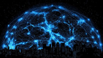 Futuristic Digital Globe Network Over City Skyline with Bright Blue Light Effects
