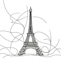 Fototapeta premium Simplified continuous line sketch of Eiffel Tower, abstract Paris travel concept