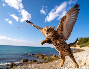 A cat with wings soaring over a beach