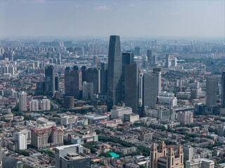 Fototapeta premium Aerial view of Tianjin city skyline at dusk time, Tianjin, China