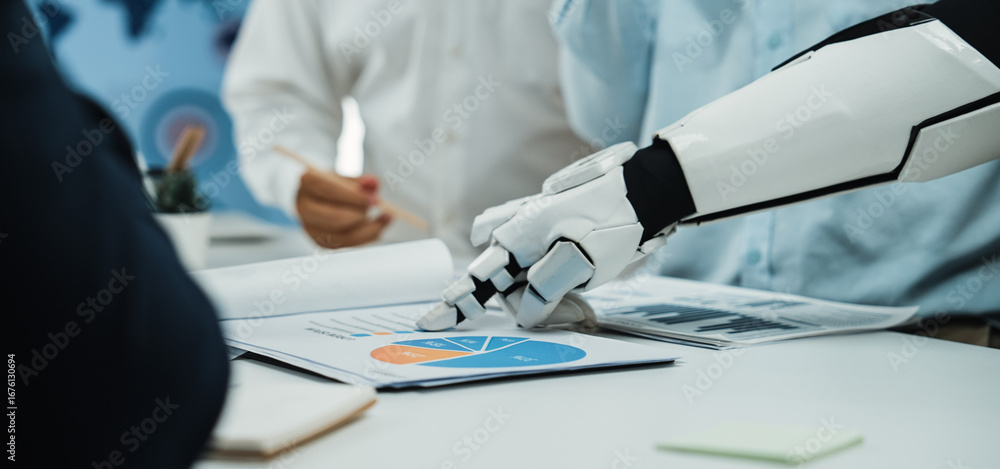 Aufkleber a robotic hand points to a business chart during a collaborative meeting in a modern office, illustr
