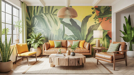 Vibrant living room with tropical wallpaper brown leather sofa and plants interior home