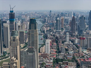 Fototapeta premium Aerial view of Tianjin city skyline at dusk time, Tianjin, China