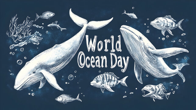 World ocean day chalkboard illustration with whales and marine life for environmental awareness