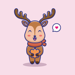 Cute deer wearing warm knitting brown scarf. Funny forest cartoon animal, sweet reindeer cartoon style. Vector illustration isolated on soft pink background.