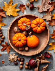 Empty wooden acorn plate with ripe orange pumpkins, fallen leaves, nuts on stone table. Autumn flat lay composition, photo. isolated with white highlights