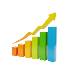 Upward trend bar chart with yellow arrow showing growth and success transparent background