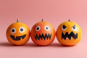 Oranges with Halloween faces painted on peel.