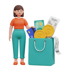 Cartoon woman with shopping bag full of money and credit cards illustration