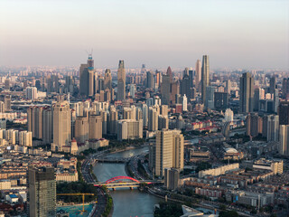 Aerial view of Tianjin city skyline at dusk time, Tianjin, China