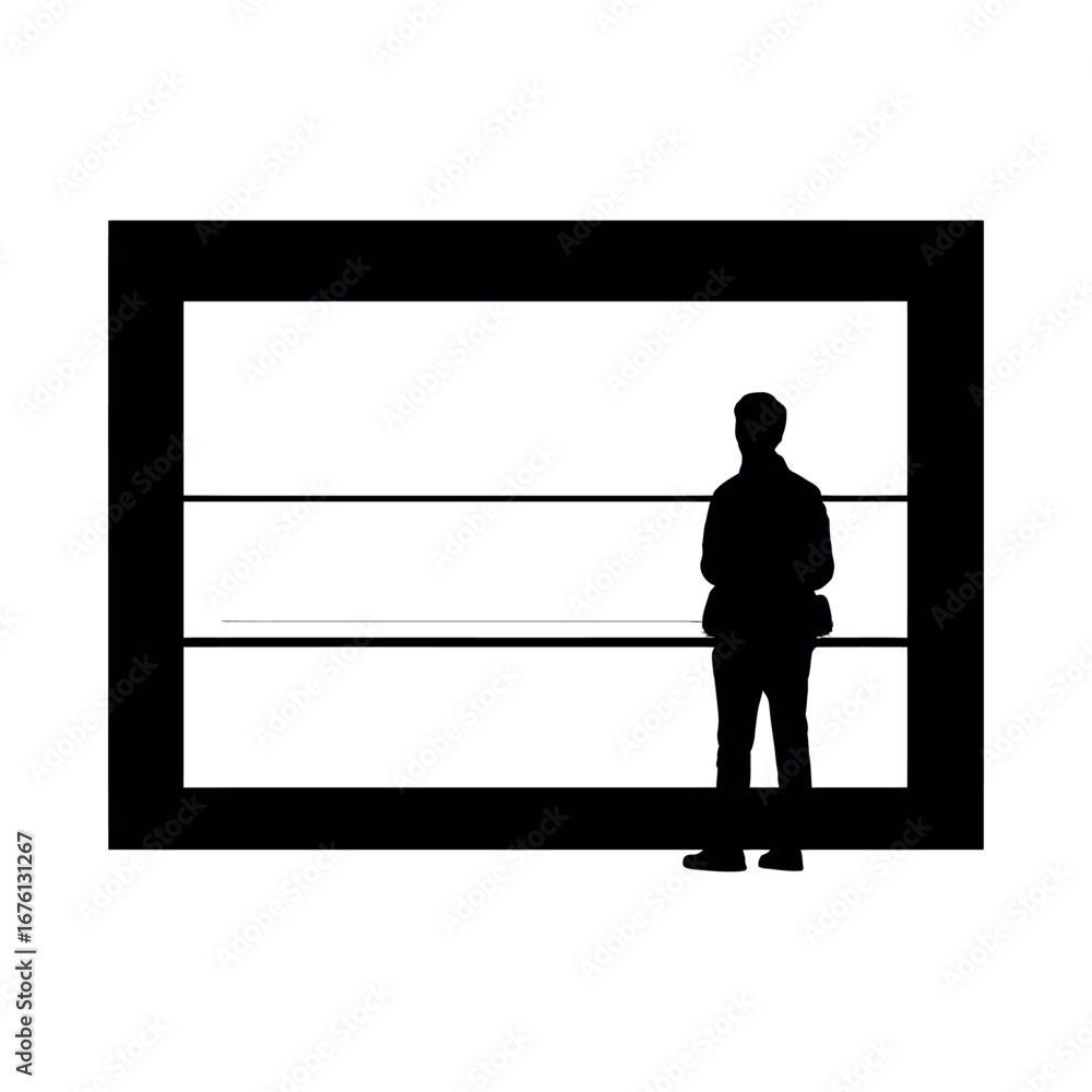 Poster silhouette of person standing near a black framed structure with horizontal lines in a white backgro
