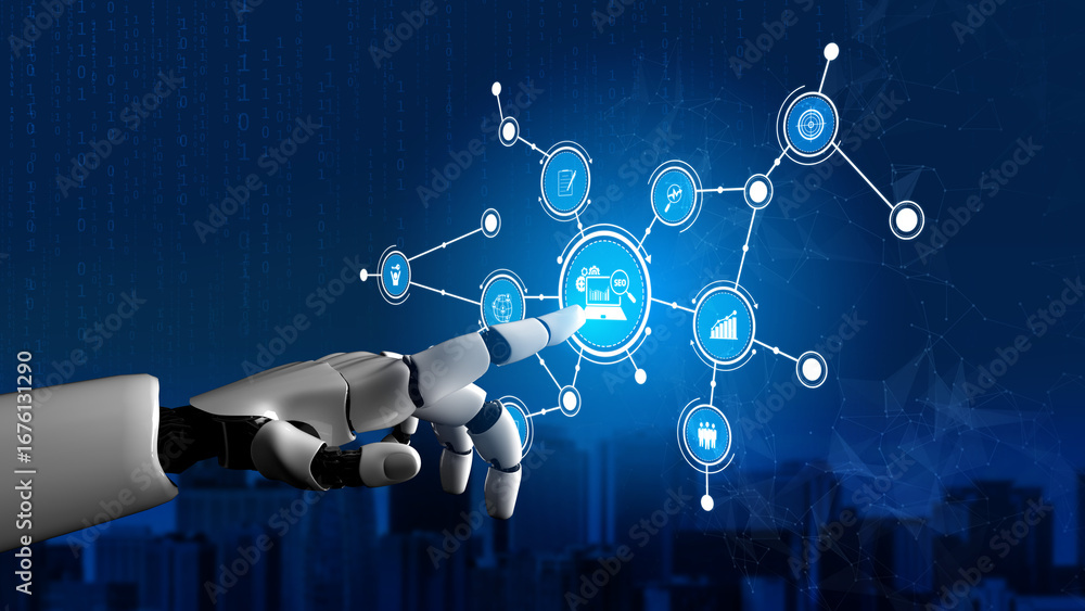 Poster a robotic hand engages with a blue digital interface, symbolizing advanced technology and connectivi