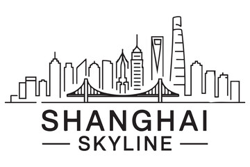 Minimal Vector Shanghai City Line Art Skyline with Typographic Design. Vector black silhouette. with white background