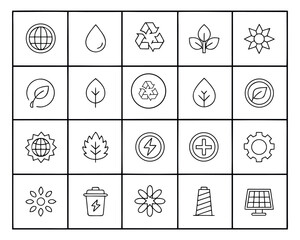 Collection of Eco Friendly Line Art Icons Representing Sustainability and Renewable Resources for a Greener Future
