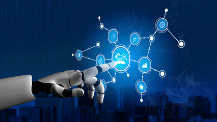 A robotic hand engages with a blue digital interface, symbolizing advanced technology and connectivity in a modern high-tech environment. Tessel