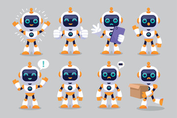 Cute Robot Character Set Vector Illustration with Various Poses and Expressions for Design Projects