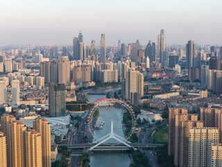 Aerial view of Tianjin city skyline at dusk time, Tianjin, China