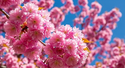Vibrant pink cherry blossoms in full bloom against a blue sky.