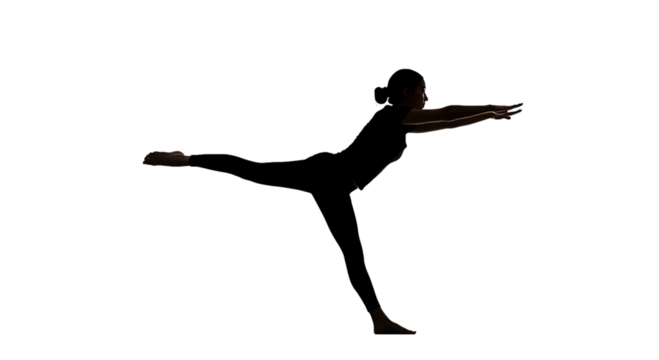 Silhouette of a woman performing a warrior three yoga pose