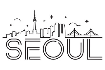 Minimal Vector Seoul City Linear Skyline with Typographic Design. Vector black silhouette. with white background