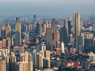 Aerial view of Tianjin city skyline at dusk time, Tianjin, China