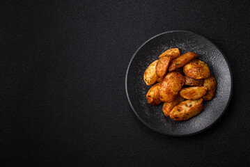Potato wedges baked with spices, garlic and rosemary. Potato wedges