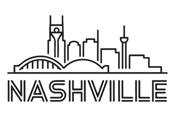 Minimal Nashville Line Art City Skyline with Typographic Design Vector black silhouette. with white background