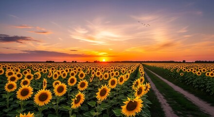 Fototapeta premium Vibrant Sunflower Field at Sunset.