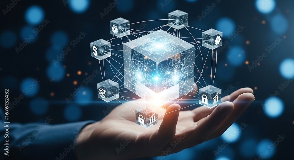 Poster hand holding a glowing cube with interconnected blocks and currency symbols, tote bag mockup, canvas