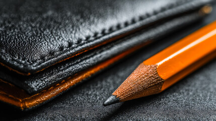 Close-up of a sharpened pencil and textured leather notebooks