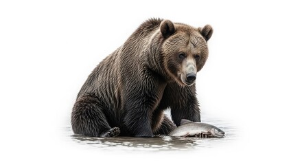 Obraz premium Grizzly bear sitting by river with fish in its paws 
