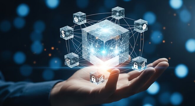 Hand holding a glowing cube with interconnected blocks and currency symbols