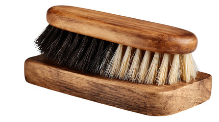 A wooden brush with black and white bristles on a white background close up