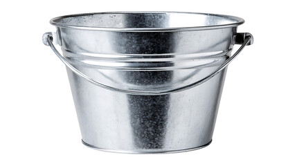 A shiny silver metal bucket with a handle isolated on a white background