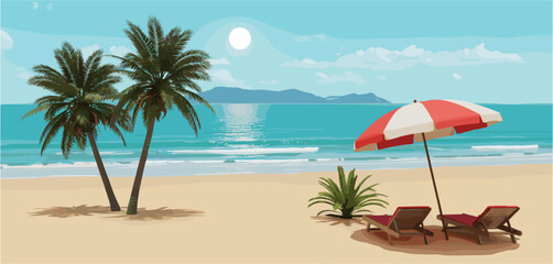 Tropical beach scene with palm trees lounge chairs and red umbrella Keywords: beach, tropical, palm trees, ocean, sea