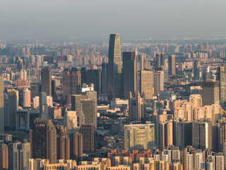 Obraz premium Aerial view of Tianjin city skyline at dusk time, Tianjin, China