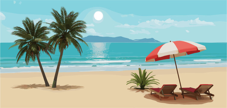 Tropical beach scene with palm trees lounge chairs and red umbrella Keywords: beach, tropical, palm trees, ocean, sea