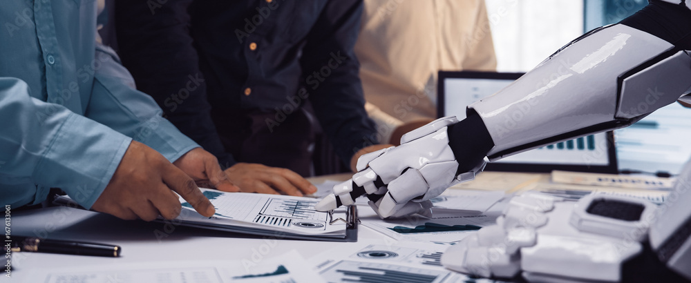 Aufkleber a futuristic scene showcasing a robotic hand collaborating with business professionals in a modern o