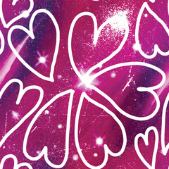 Abstract seamless pattern hand drawn cosmic pink with white hearts. Vector design element, template for banner, flyer, tag, card