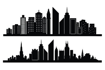 Fototapeta premium Two distinct black and white city skyline silhouettes with varied architectural styles on white background