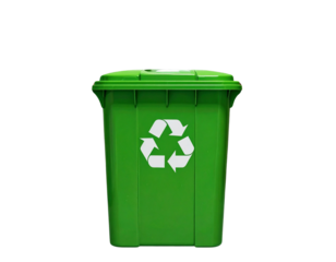 Green Recycling Bin with School Logo, Front View in Corridor, isolated transparent background PNG