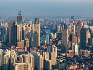 Fototapeta premium Aerial view of Tianjin city skyline at dusk time, Tianjin, China