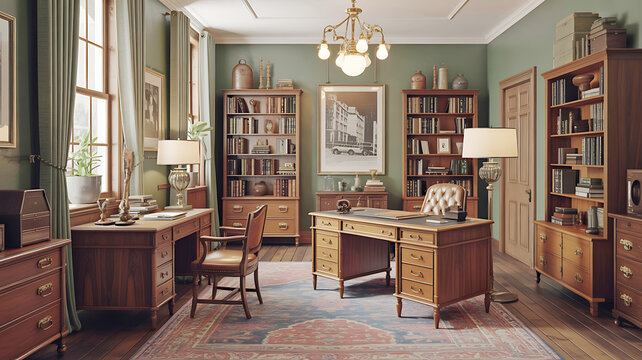 Vintage wooden office with bookshelves and leather chair desk bookshelf